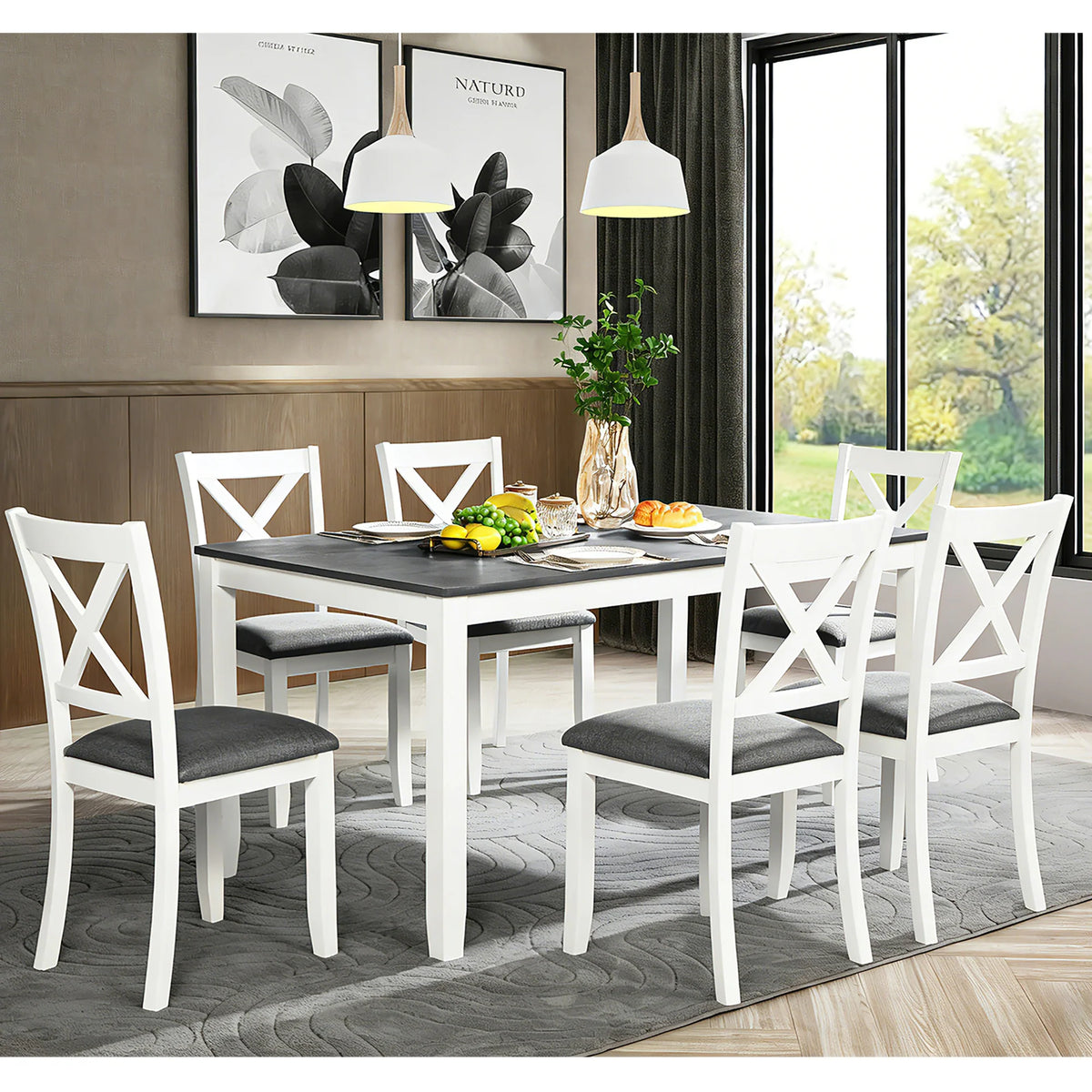 7-Piece Dining Table Set for 6 – 58.5" Table with Upholstered Cross-Back Chairs