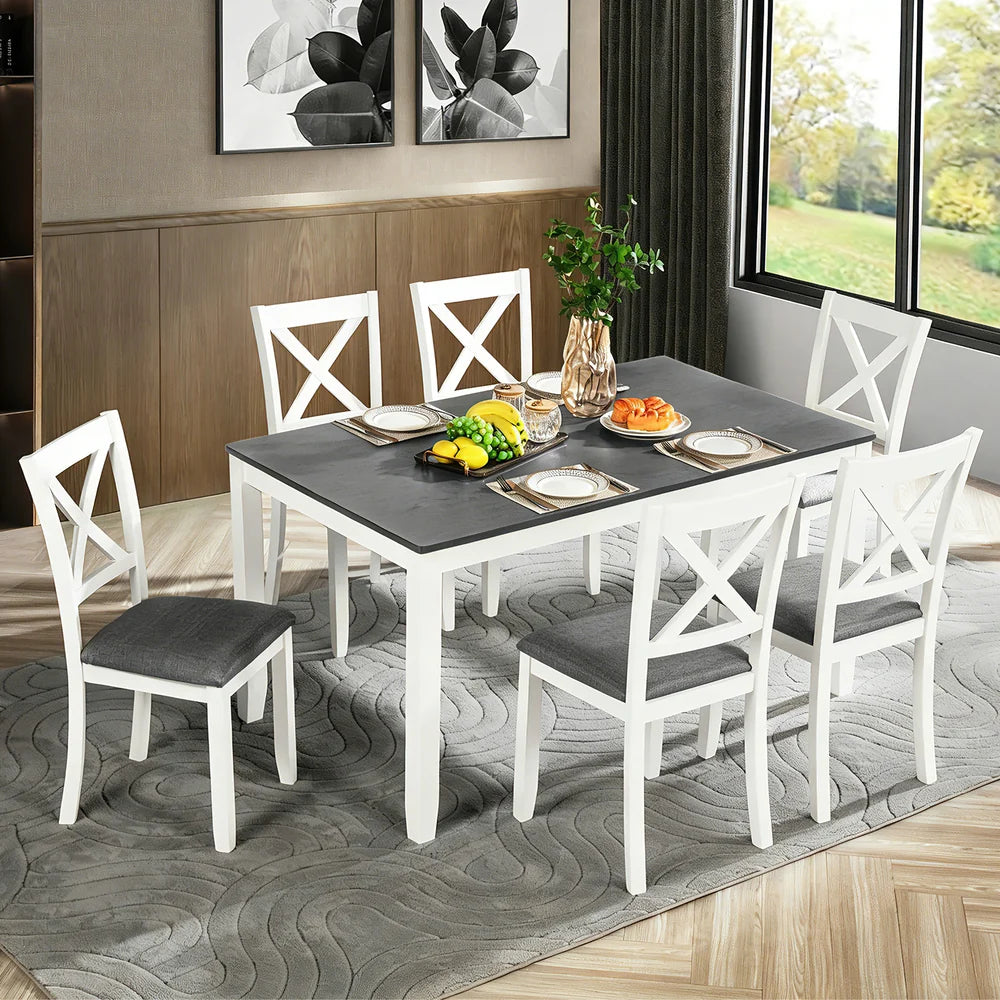 7-Piece Dining Table Set for 6 – 58.5" Table with Upholstered Cross-Back Chairs