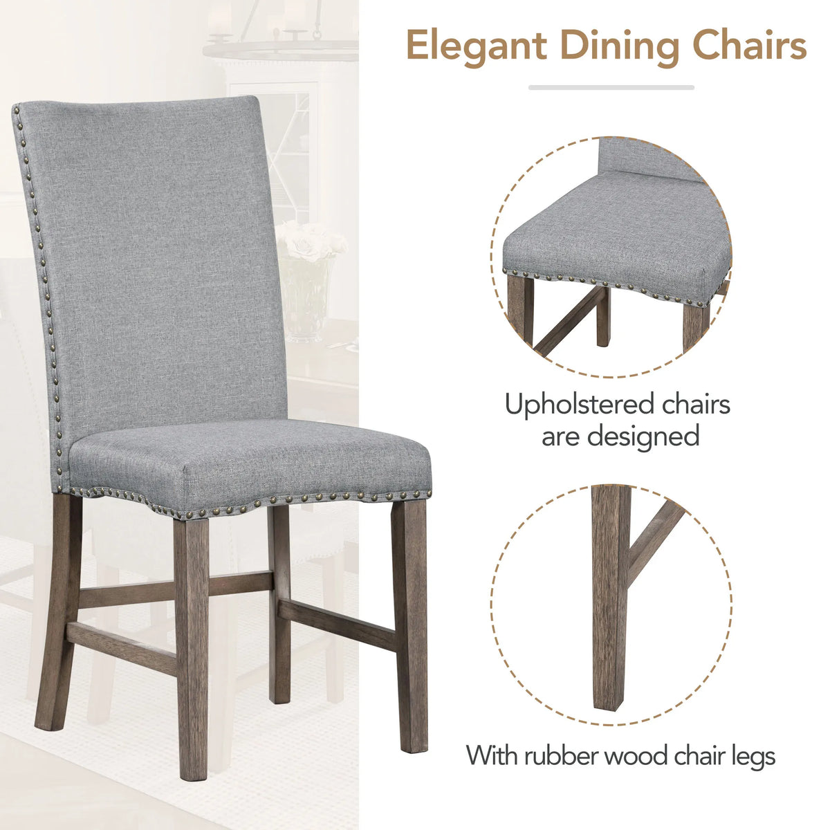 7-Piece Extendable Dining Table Set for 6 – 60" Table & Gray Upholstered Chairs