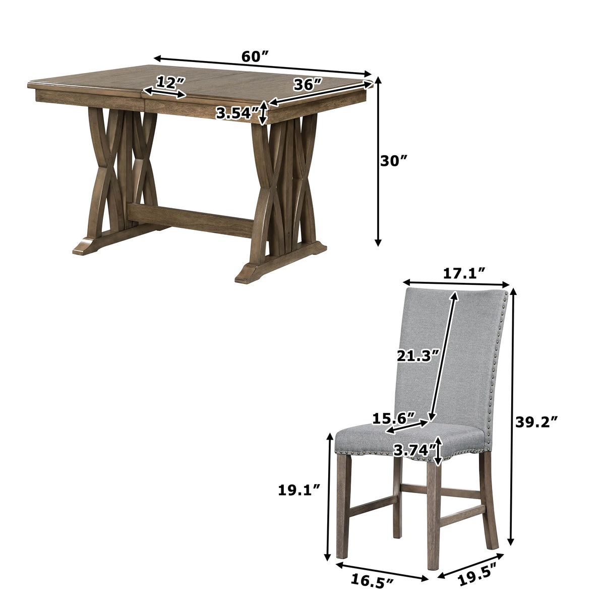 7-Piece Extendable Dining Table Set for 6 – 60" Table & Gray Upholstered Chairs