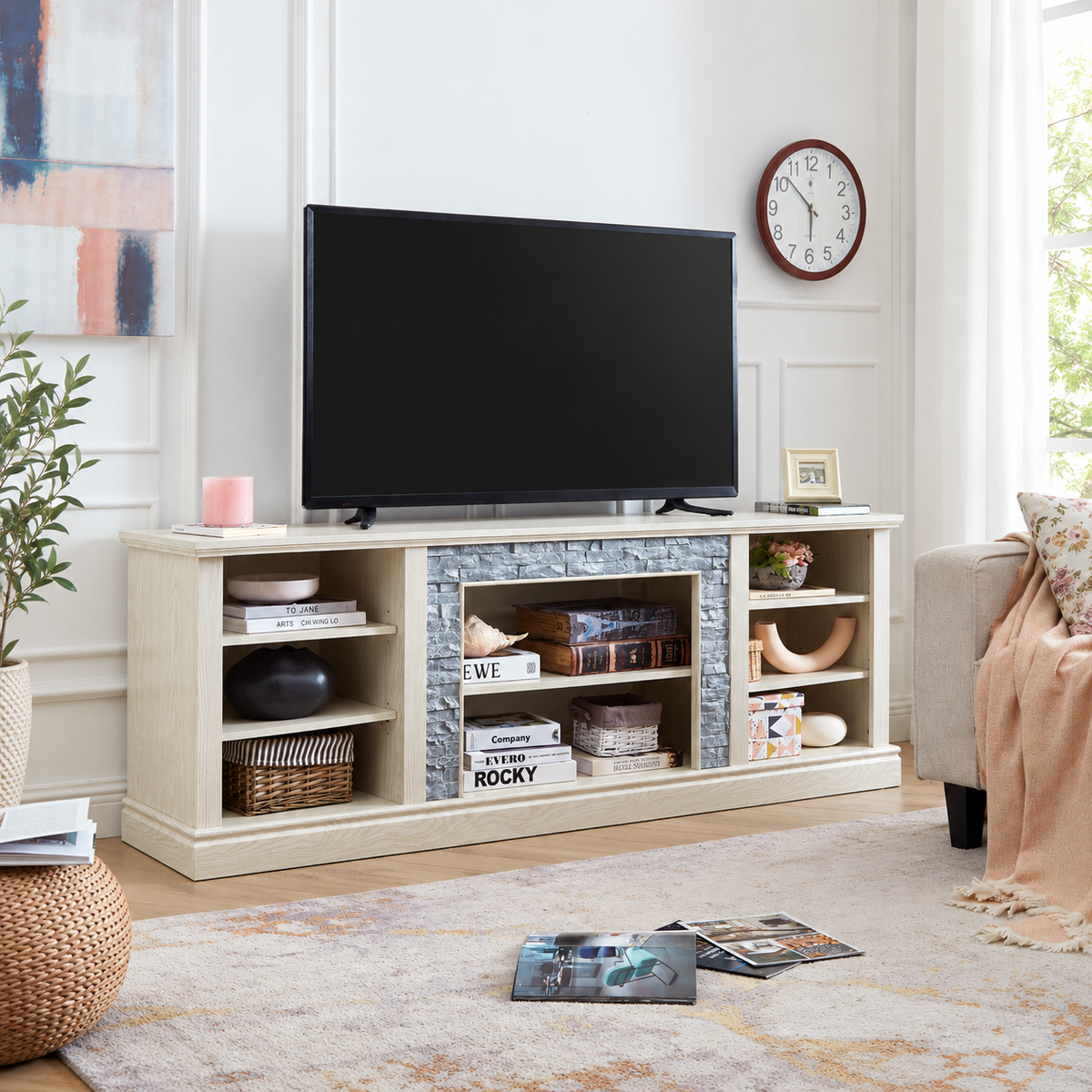 70.12" Farmhouse TV Stand with Faux Stone Surround & Open Storage