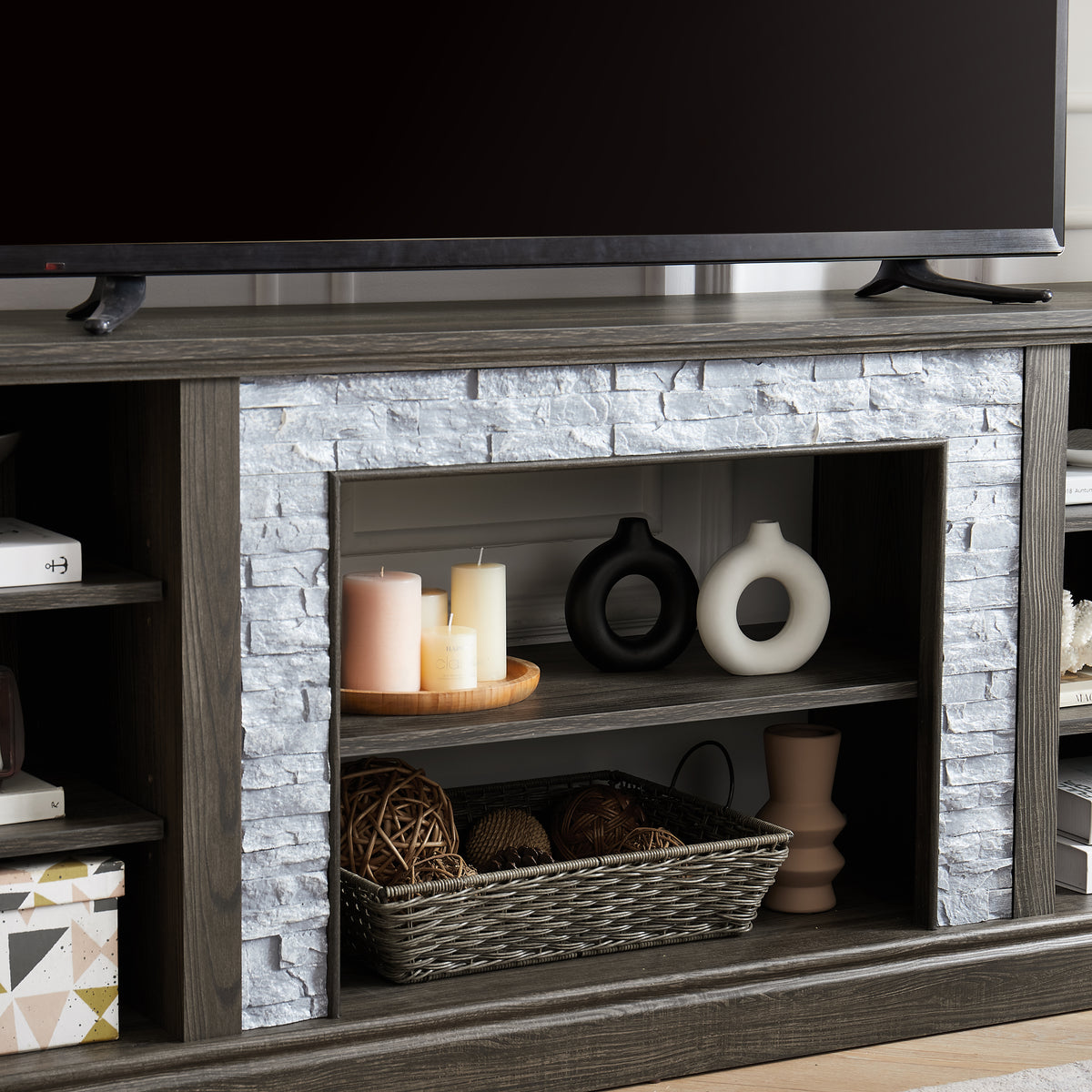 70.12" Farmhouse TV Stand with Faux Stone Surround & Open Storage
