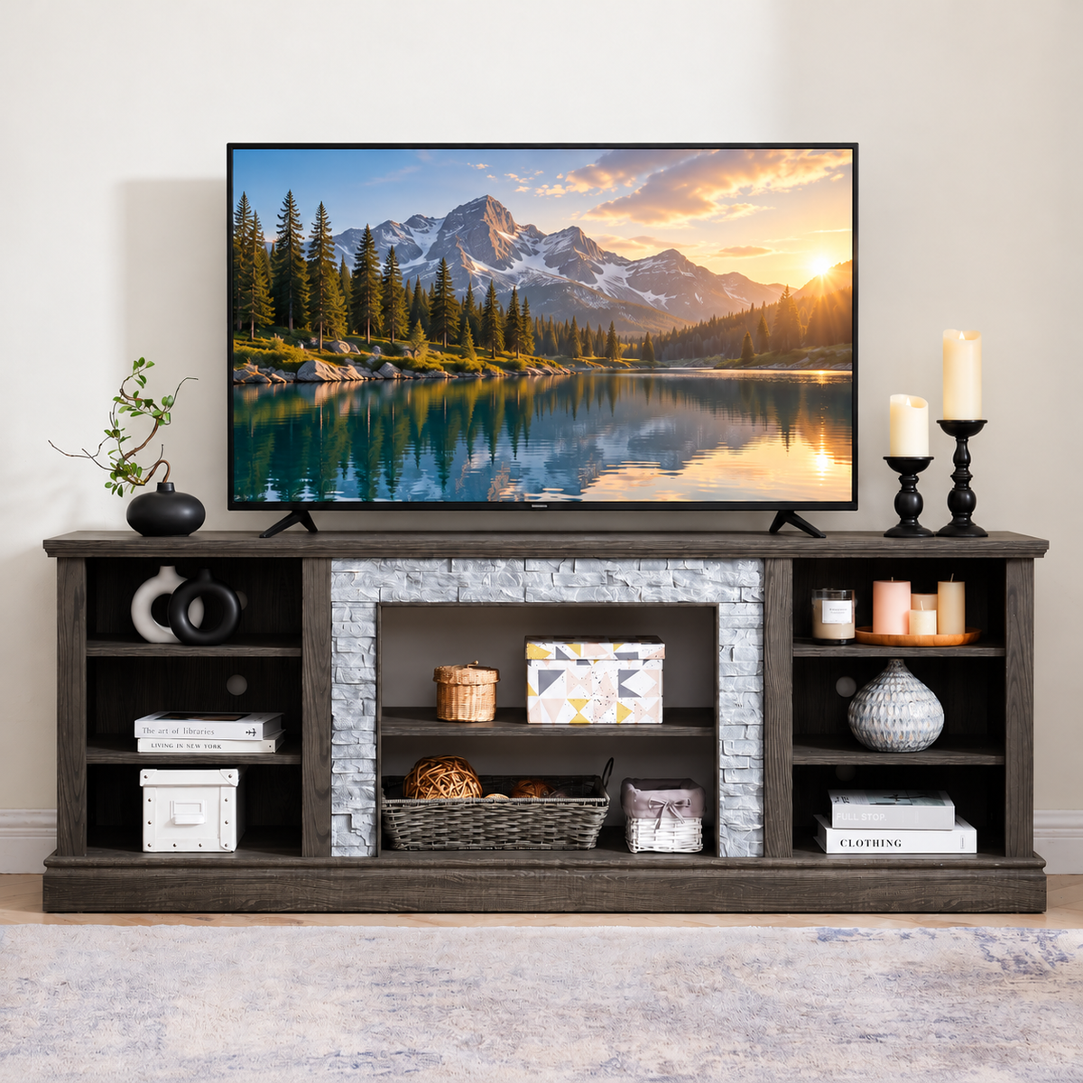 70.12" Farmhouse TV Stand with Faux Stone Surround & Open Storage