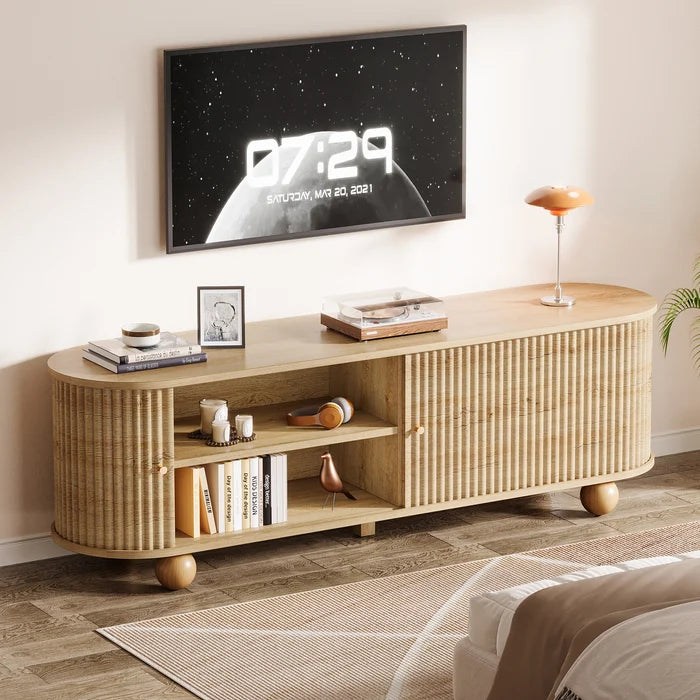 70" Fluted TV Stand with Sliding Doors & Storage – Natural Wood