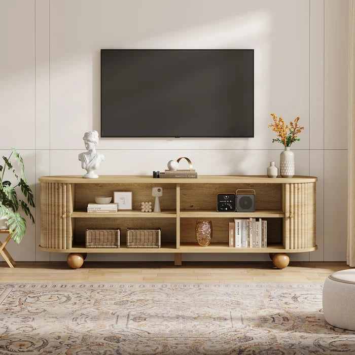 70" Fluted TV Stand with Sliding Doors & Storage – Natural Wood