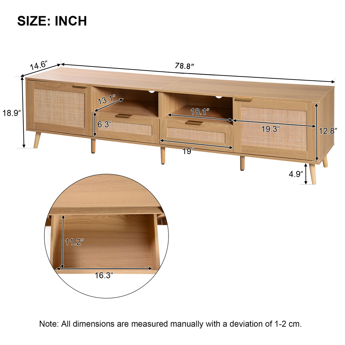 78.74" Rattan TV Stand for TVs up to 85" – Natural Wood Finish with Storage