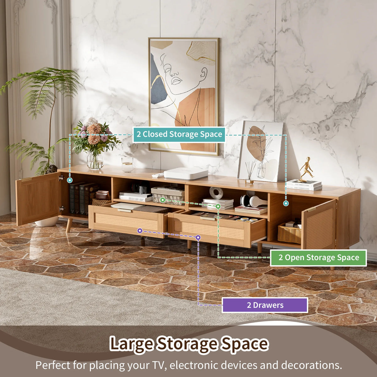 78.74" Rattan TV Stand for TVs up to 85" – Natural Wood Finish with Storage