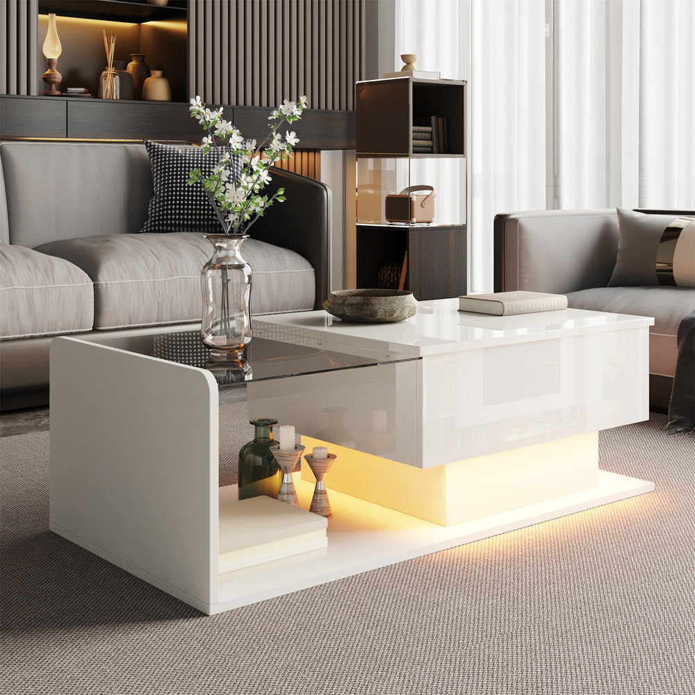Coffee Table, High Gloss White, Side Table, Coffee Table With Glass An