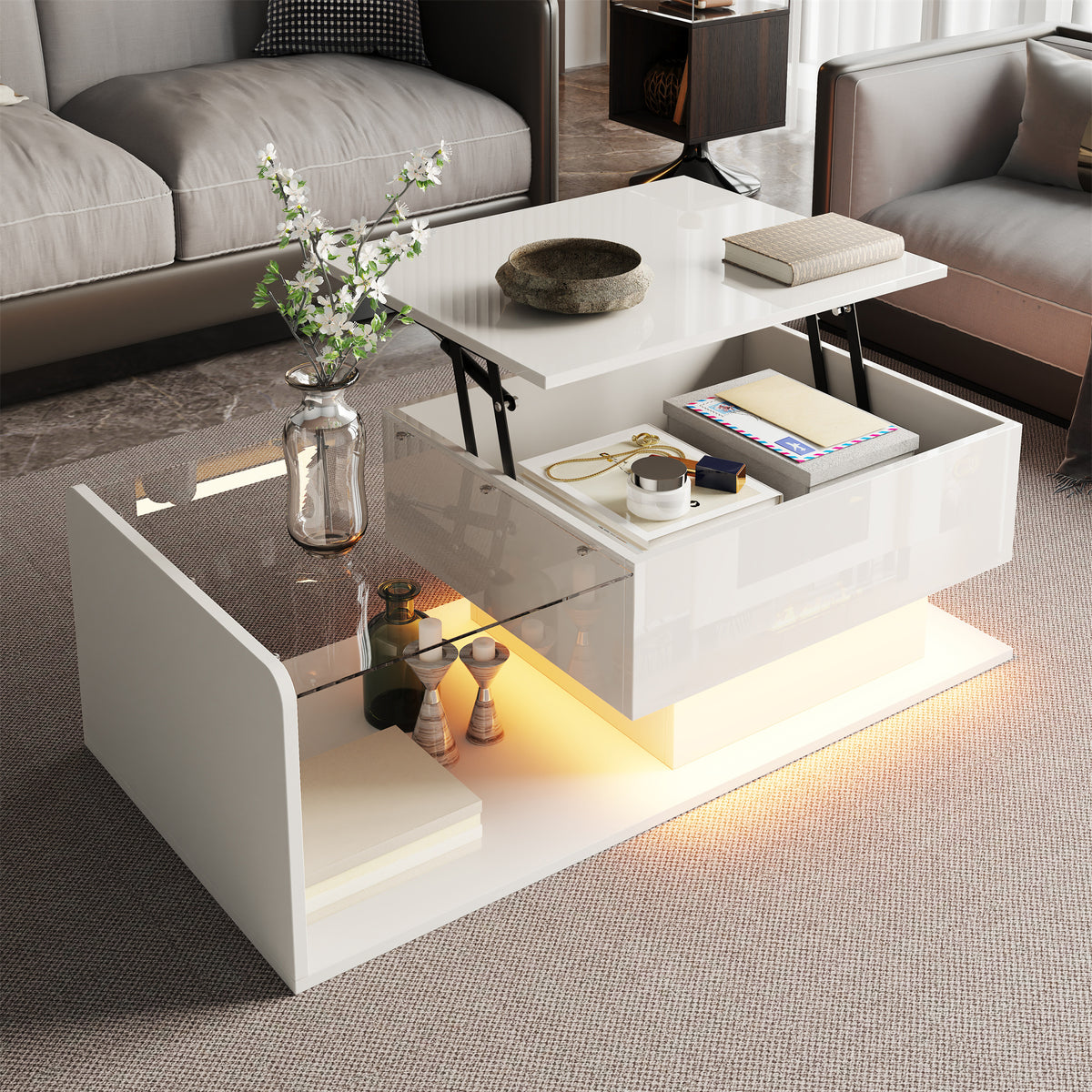 Coffee Table, High Gloss White, Side Table, Coffee Table With Glass An